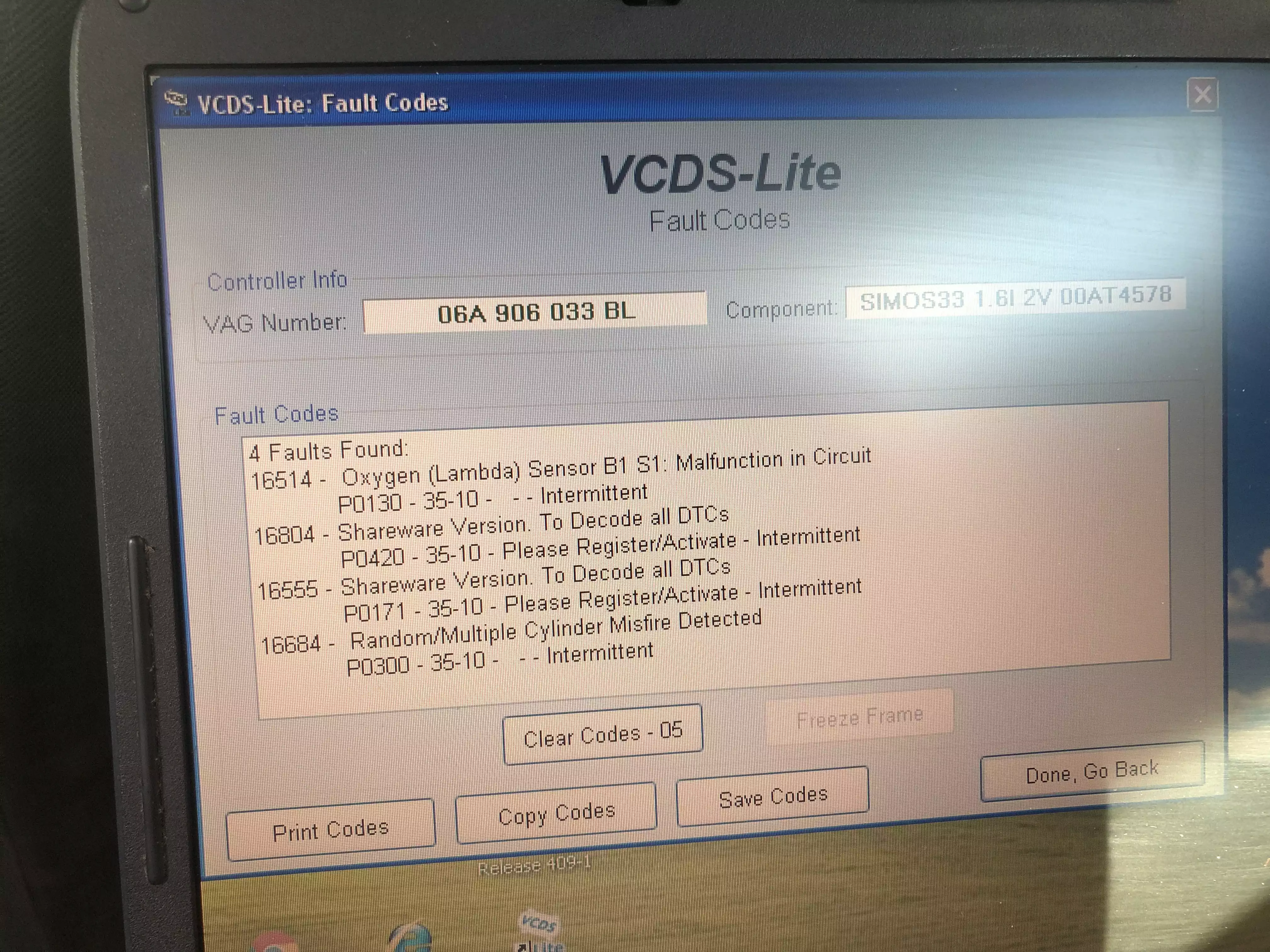 VCDS engine-control fault codes.