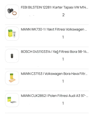 Filter set and sump-plug order.